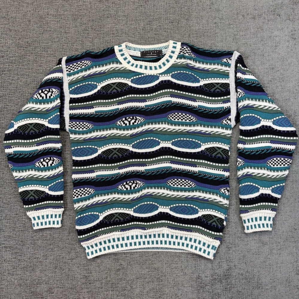 VTG COOGI Style 3D Knit Sweater Adult‎ Large Blue Black Textured Cosby Protege